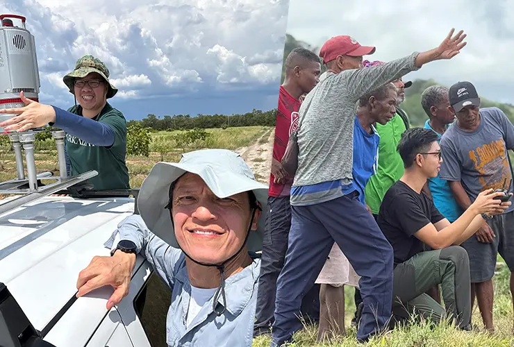 L: Gerry Ong (in light blue hat), Co-Founder & Head of Geospatial at Arkadiah R: Tun Shien, Carbon Project Development Associate at Arkadiah, controlling a drone in the Philippines during a validation trip