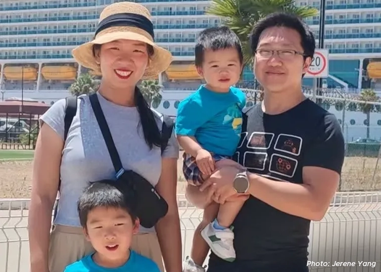 A photo of Ms Jerene Yang with her husband and two sons. The older child has been chatting with ChatGPT for two years, since he was three years old.