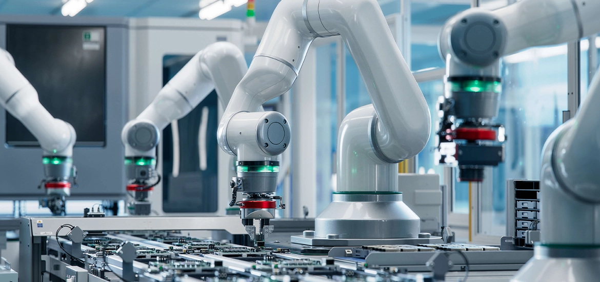 Robotic arms assembling components on an automated production line in a modern manufacturing facility.