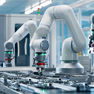 Robotic arms assembling components on an automated production line in a modern manufacturing facility.