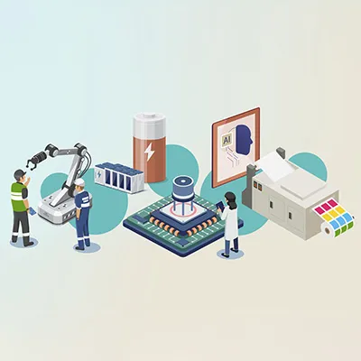 Illustration showing people working with robotics, solar panels, and AI technology beside text that reads “Why these five global companies have chosen to grow from Singapore."