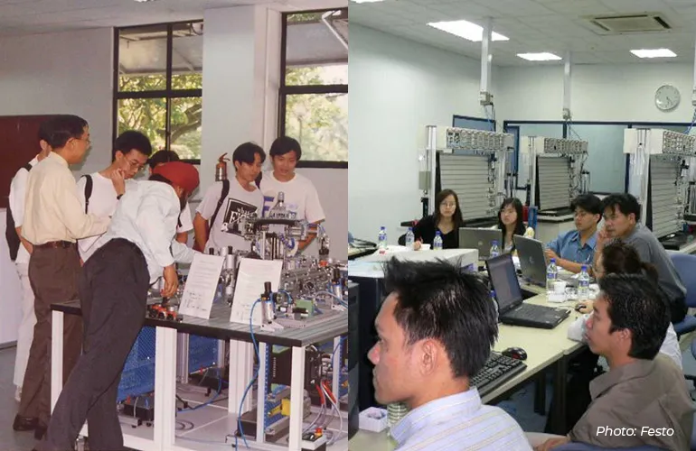 Left: Participants of a Festo Didactic event in its early days. Right: A Festo Didactic technical support workshop.