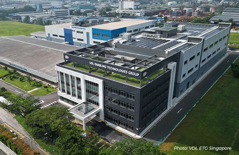 VDL ETG Singapore opened its new, 20,000m2 building in June 2025. It houses an office block, warehousing and logistics space, and cleanroom manufacturing space.