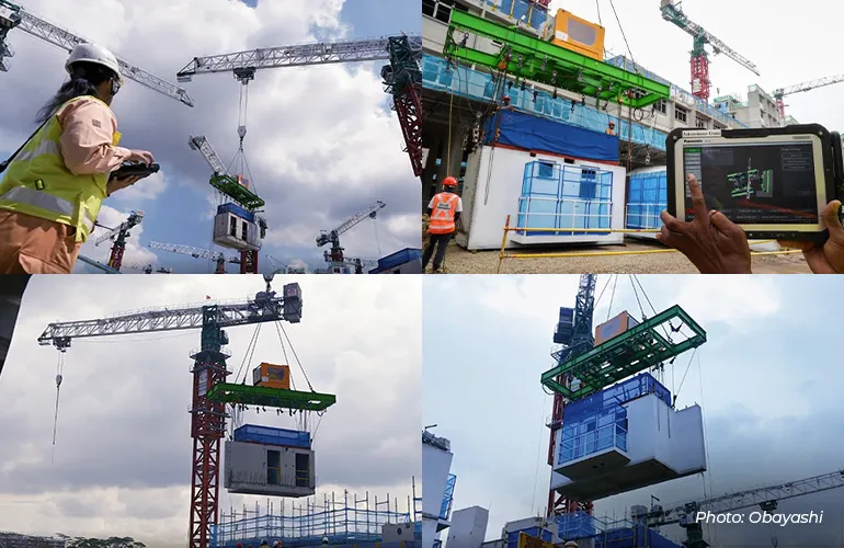 Behind-the-scenes look at the Skyjuster system working with a remote-controlled crane during industrial lifting operations.