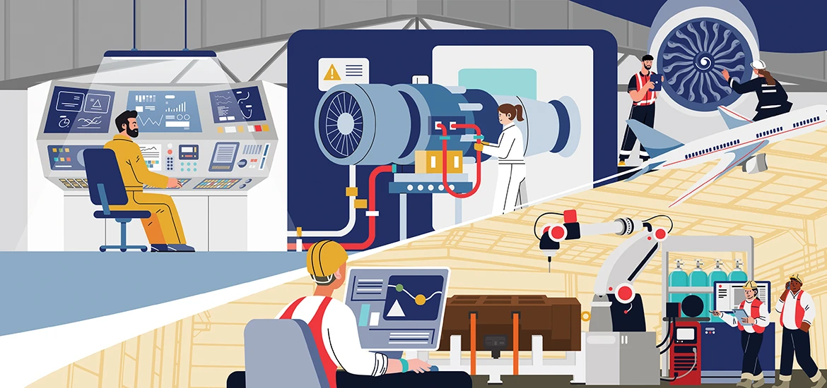 Illustration of aerospace manufacturing and maintenance activities, including aircraft engines, robotic automation, and technical control systems.