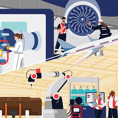 Illustration of aerospace manufacturing and maintenance activities, including aircraft engines, robotic automation, and technical control systems.