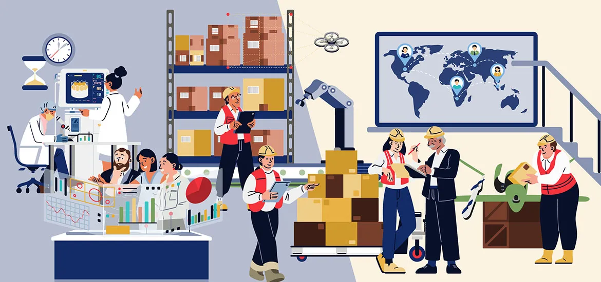 Illustration of workers, scientists, and robots managing warehouse logistics, manufacturing, and global supply chains with digital data and maps.