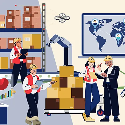 Illustration of workers, scientists, and robots managing warehouse logistics, manufacturing, and global supply chains with digital data and maps.