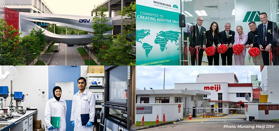 Collage showing a modern logistics facility, a ribbon-cutting ceremony, two lab professionals in a laboratory, and an industrial building exterior, representing business operations and investment activity.