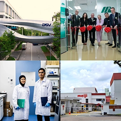 Collage showing a modern logistics facility, a ribbon-cutting ceremony, two lab professionals in a laboratory, and an industrial building exterior, representing business operations and investment activity.