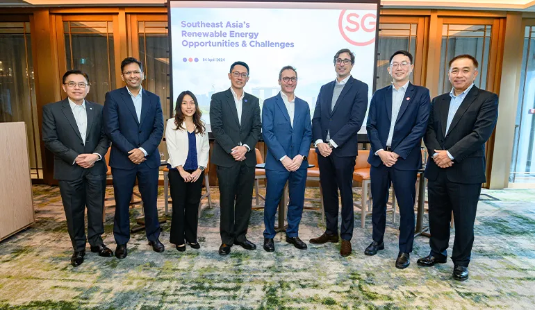 Speakers and panellists at the launch of ‘Powering Progress in Southeast Asia’s Renewables Development’ , a report published by EDB and led by McKinsey, on 4 April 2024. From L-Jasper Wong, Managing Director, Head of Real Estate & Hospitality and Construction & Infrastructure, United Overseas Bank; Vishal Agarwal, Senior Partner, McKinsey & Company; Gayle Tan, Project Director, Infrastructure Asia; Kai Ngian, Head of Energy and Utilities, Clifford Capital; Antonio Castellano, McKinsey & Company; Thomas Baudlot, Chief Executive Officer, ENGIE South East Asia; Lim Wey-Len, EVP, EDB; Yoon Young Kim, Cluster President for Singapore and Brunei, Schneider Electric.