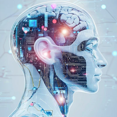 A futuristic digital rendering of a human head in profile view, blending organic and artificial elements. The transparent head reveals a brain, circuits, and glowing neural connections, symbolizing artificial intelligence, neural networks, and the fusion of technology with the human mind.