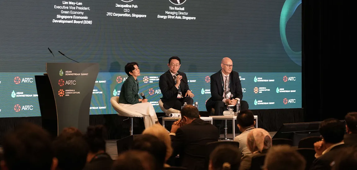From left to right: JTC Chief Executive Jacqueline Poh, EDB Executive Vice-President Lim Wey-Len, and moderator Tim Rockell on stage at the Asia Downstream Summit 2025 Fireside Chat.