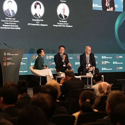 From left to right: JTC Chief Executive Jacqueline Poh, EDB Executive Vice-President Lim Wey-Len, and moderator Tim Rockell on stage at the Asia Downstream Summit 2025 Fireside Chat.