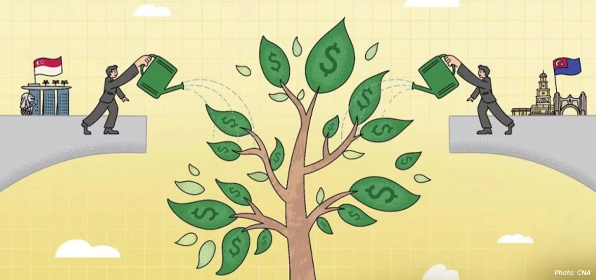 Illustration of two men, one from Singapore and one from Malaysia, watering a money tree from opposite sides of a bridge, symbolizing cross-border economic cooperation and mutual investment.