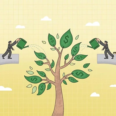 Illustration of two men, one from Singapore and one from Malaysia, watering a money tree from opposite sides of a bridge, symbolizing cross-border economic cooperation and mutual investment.