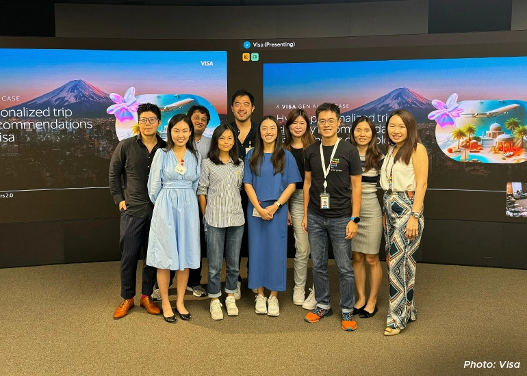 Meet Team Visa (Back row, from left) Zhuang Yufeng (Tech and Engineering), Ajeya Mantri (Tech and Engineering), Kendrick Tan (Innovation). (Front row, from left) Zhao Yazhi (Data), Melissa Kwee (Design), and Sonia Yap (Innovation).