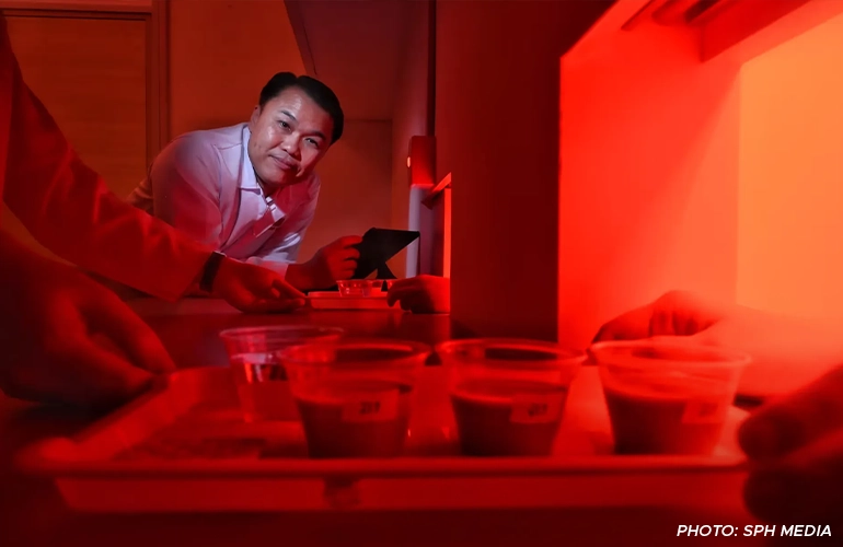 Researcher in lab coat observing trays of sample cups under red lighting during a taste testing session.