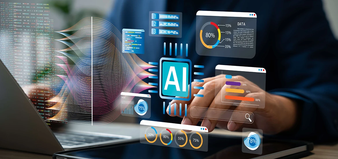 Person using a laptop with virtual AI interface graphics, including data charts, analytics dashboards, neural network visualizations, and the central icon labeled "AI", symbolizing artificial intelligence and data processing.