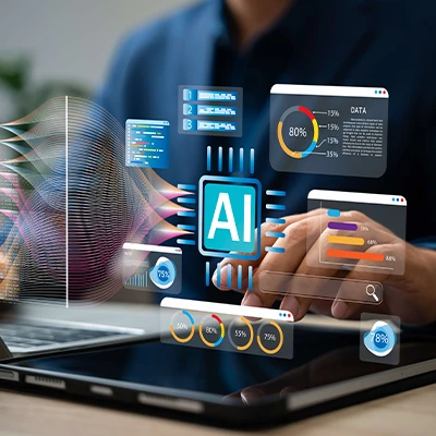 Person using a laptop with virtual AI interface graphics, including data charts, analytics dashboards, neural network visualizations, and the central icon labeled "AI", symbolizing artificial intelligence and data processing.