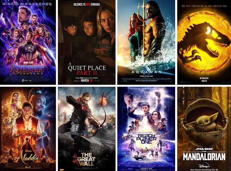 Avengers: Endgame, A Quiet Place Part II, Aquaman, Jurassic World Dominion, Aladdin, The Great Wall, Ready Player One, The Mandalorian