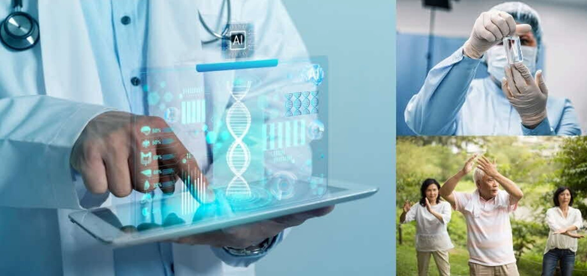 Collage showing AI-powered medical research, a scientist examining a laboratory sample, and older adults exercising outdoors.