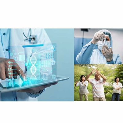 Collage showing AI-powered medical research, a scientist examining a laboratory sample, and older adults exercising outdoors.
