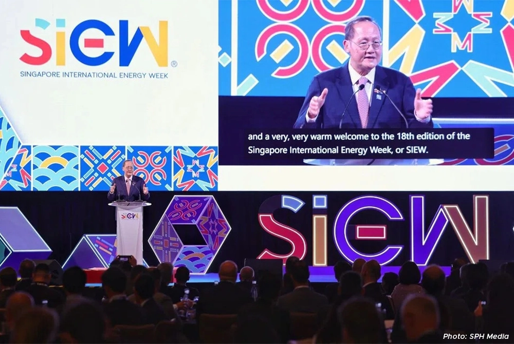 Minister-in-charge of Energy and Science & Technology Tan See Leng delivering the Singapore Energy Lecture during the Singapore International Energy Week Summit at Sands Expo and Convention Centre on 27 October 2025.