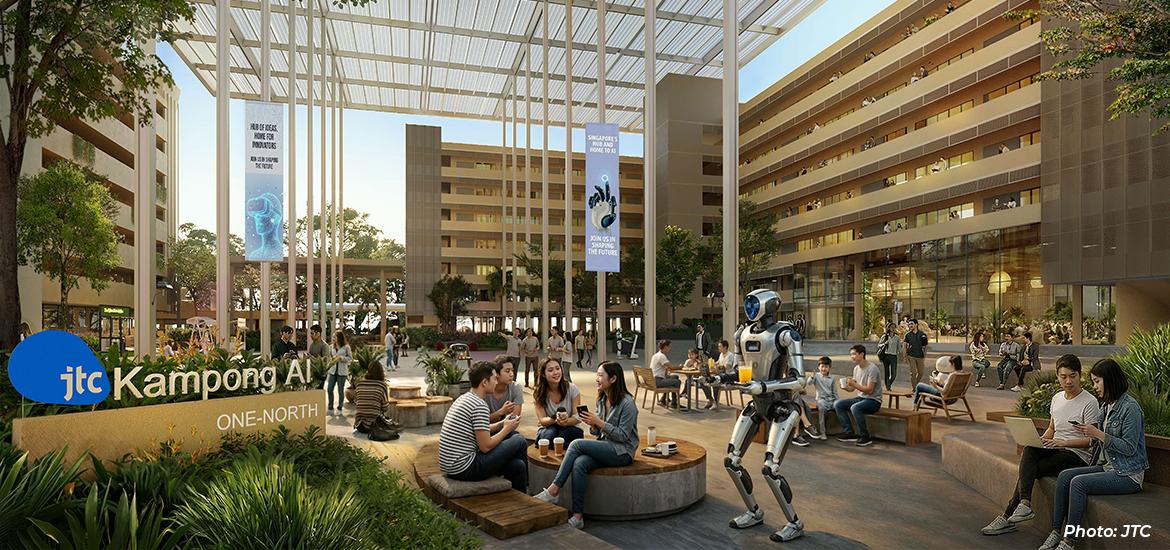 Artist’s impression of JTC’s Kampong AI at one-north, featuring people gathered in an open community plaza alongside a humanoid robot in a modern innovation district.