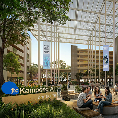 Artist’s impression of JTC’s Kampong AI at one-north, featuring people gathered in an open community plaza alongside a humanoid robot in a modern innovation district.