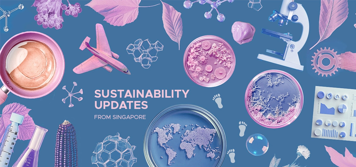 A graphic featuring scientific and industrial elements surrounding the text “Sustainability Updates from Singapore,” highlighting innovation and sustainability themes.