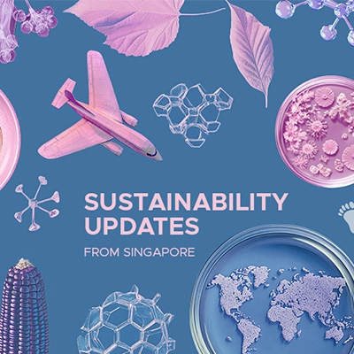A graphic featuring scientific and industrial elements surrounding the text “Sustainability Updates from Singapore,” highlighting innovation and sustainability themes.