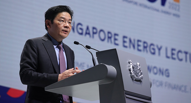 DPM Lawrence Wong delivers his Singapore Energy Lecture at Singapore International Energy Week 2022. Image courtesy of SPH Media.