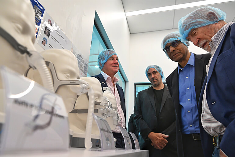 (From left) Australian High Commissioner William Hodgman, US Ambassador Jonathan Kaplan, Senior Minister Tharman Shanmugaratnam and ResMed founder Peter Farrell touring the Tuas plant on Nov 16, 2022. Image courtesy of SPH Media.