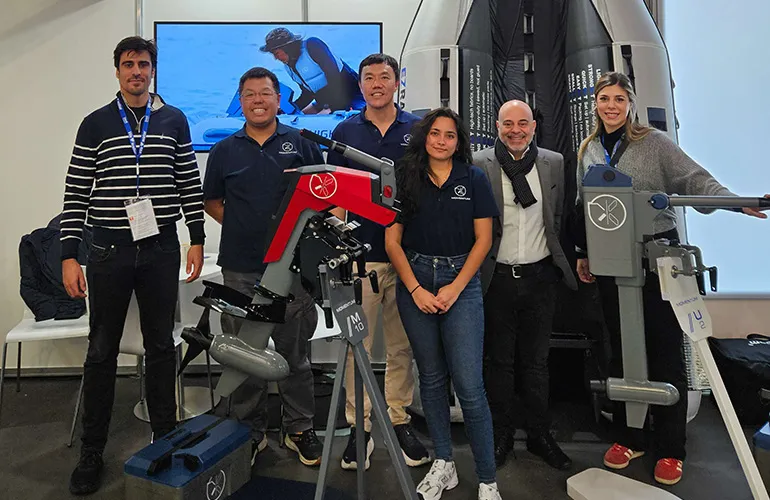 Daniel at an exhibition of TKO’s outboards at Dusseldorf, Germany.