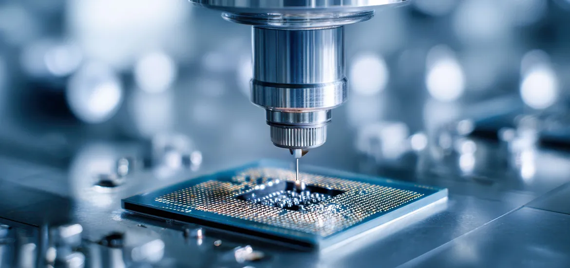 Close-up of a precision machine working on a semiconductor chip, symbolizing advanced technology and microchip manufacturing.Close-up of a precision machine working on a semiconductor chip, symbolizing advanced technology and microchip manufacturing.