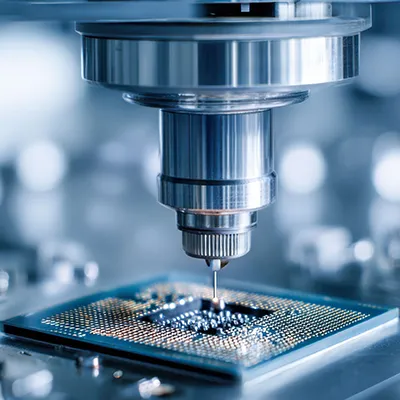 Close-up of a precision machine working on a semiconductor chip, symbolizing advanced technology and microchip manufacturing.