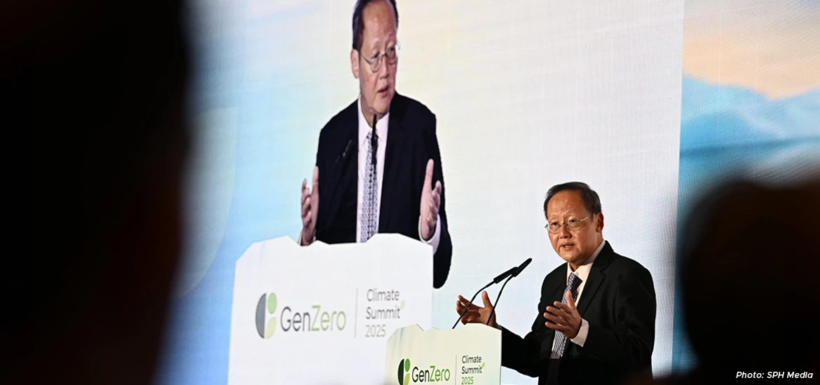 Manpower Minister and Second Minister for Trade and Industry Tan See Leng presenting at the GenZero Climate Summit 2025, discussing sustainability, climate action, and global environmental initiatives.