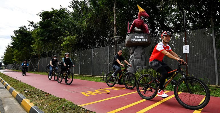 Transport Minister Ong Ye Kung officiated at the opening of the connector yesterday at the start of the Changi Jurassic Mile, after he had cycled from Bedok.