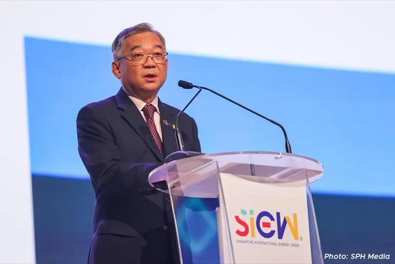 Deputy Prime Minister Gan Kim Yong delivers his speech at the Singapore International Energy Week (SIEW) 2024, in the Sands Expo and Convention Centre on 21 Oct.