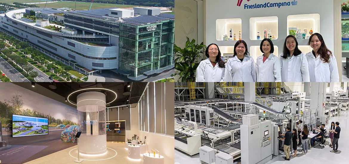 Four-image collage showing a large industrial facility, a group of lab researchers, a corporate innovation showroom, and an automated manufacturing production line.