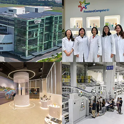 Four-image collage showing a large industrial facility, a group of lab researchers, a corporate innovation showroom, and an automated manufacturing production line.