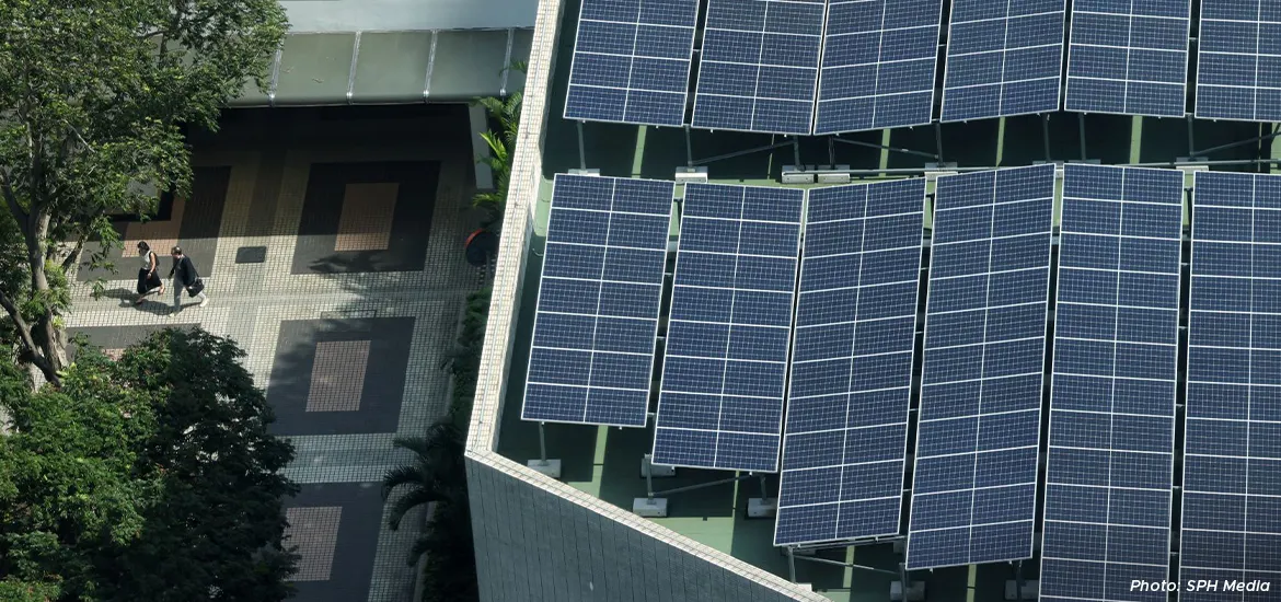 Aerial view of rooftop solar panels installed on a modern building, with two people walking on a patterned walkway below surrounded by trees.