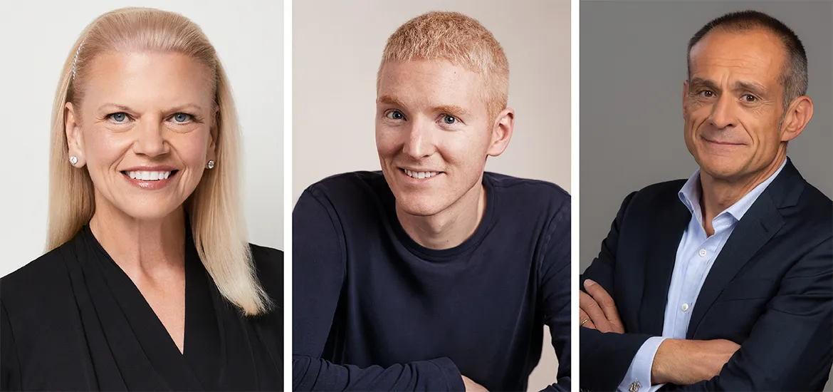 Above, from left: IBM’s former chairman, president, and CEO, Virginia Rometty; Stripe’s co-founder and CEO, Patrick Collison; and Schneider Electric’s chairman, Jean-Pascal Tricoire.