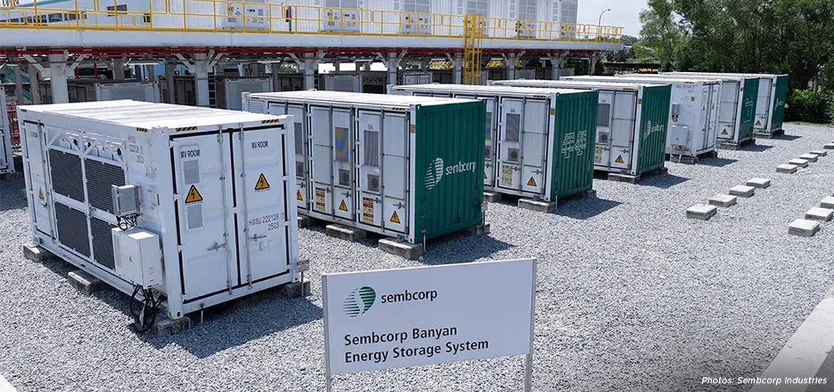 Modular battery energy storage containers at the Sembcorp Banyan Energy Storage System site in Singapore, showcasing sustainable energy infrastructure and grid-scale storage technology.