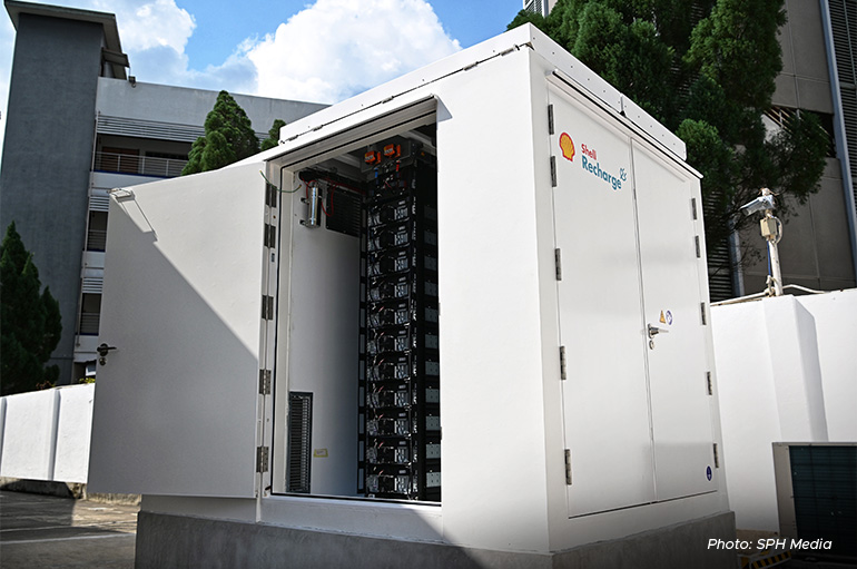 Each station has a big lithium-ion storage battery to safely hold electricity generated by solar panels.