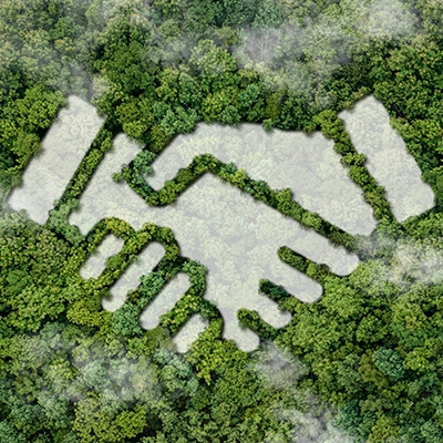 Aerial view of dense green forest with a handshake symbol carved out in the trees, representing sustainability and partnership.