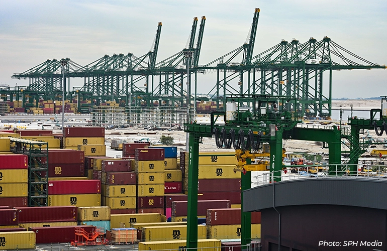 Container terminal with towering ship-to-shore cranes loading and unloading stacked shipping containers at a busy seaport, highlighting large-scale maritime logistics and global trade operations.