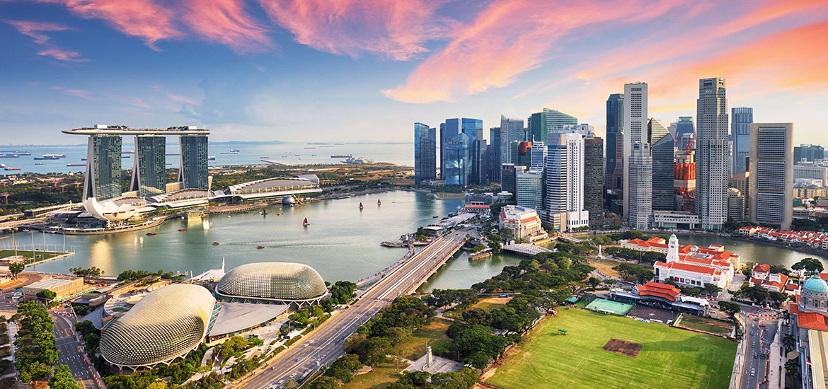 Bird eye panoramic scenic view of Central area of Singapore