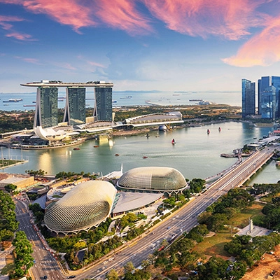 Bird eye panoramic scenic view of Central area of Singapore